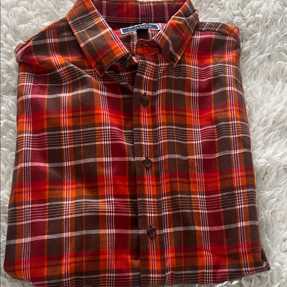 Club Room Men's Orange and Brown Plaid Shirt